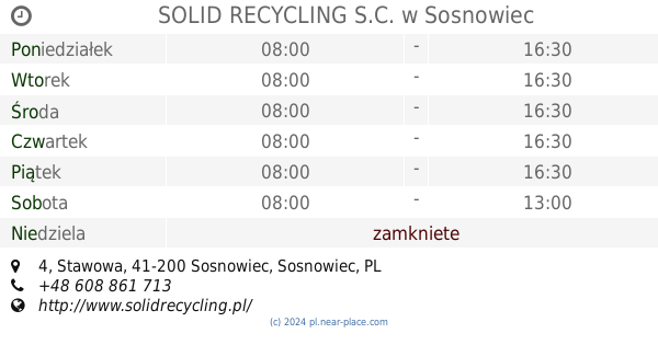 🕗 Solid Recycling S.c. Sosnowiec Godziny Otwarcia, 4, Stawowa, Tel. +48 608 861 713
