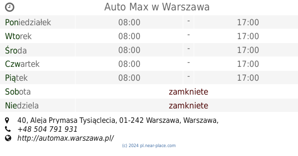 🕗 Auto Max Warszawa Godziny Otwarcia, 40, Aleja Prymasa Tysiąclecia, Tel. +48 504 791 931