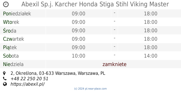 🕗 Abexil Sp.j. Karcher Honda Stiga Stihl Viking Master Mikasa Godziny Otwarcia, Określona 2, Warszawa, Kontakt